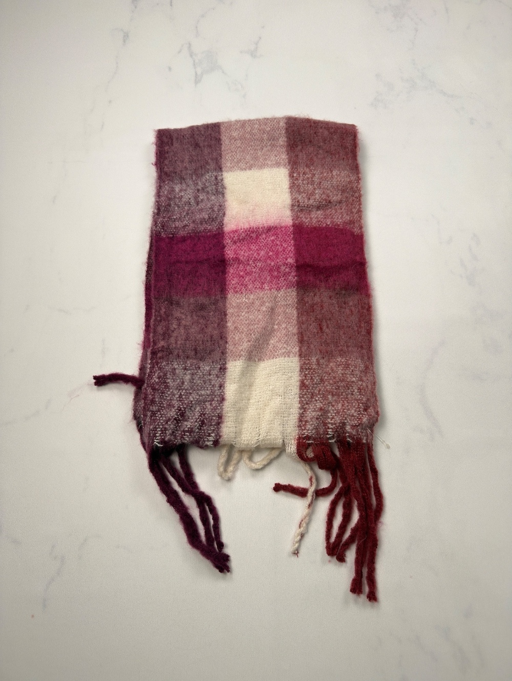 Women Plaid Burgundy Pink Scarf with Fringe